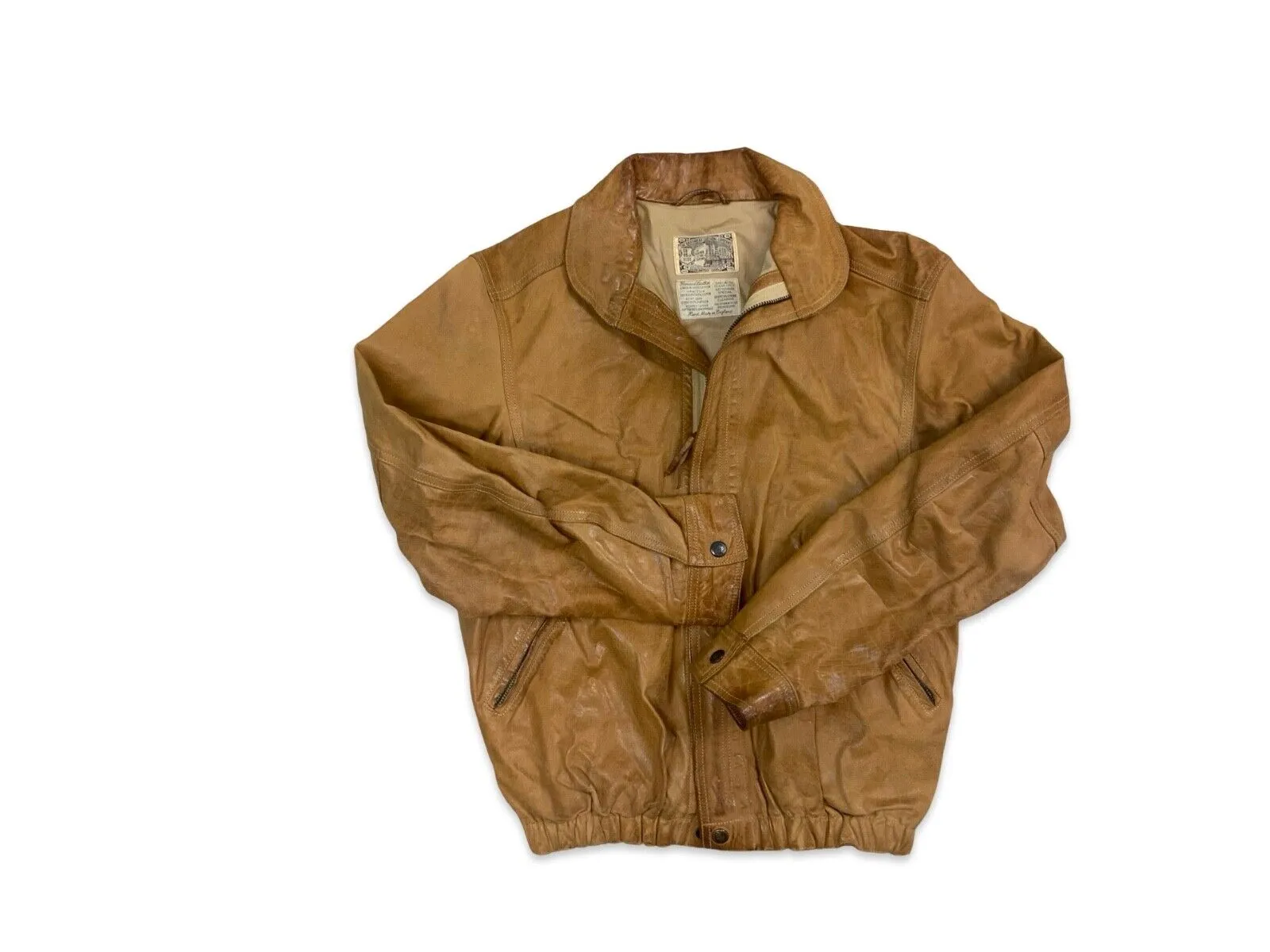 VTG TAN LEATHER HARDWEAR CLOTHING CO LEATHER BOMBER JACKET AERO ZIPS S 36”