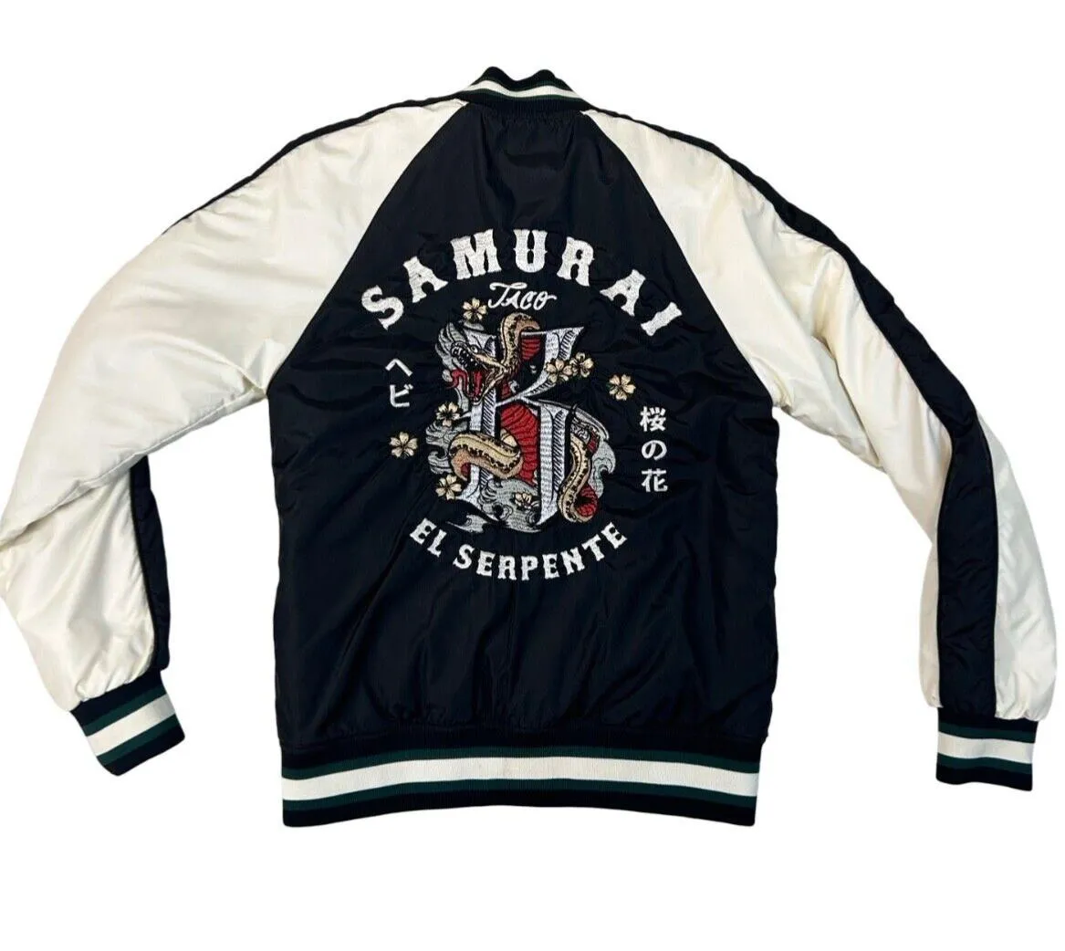 VTG Y2K REVERSIBLE SAMURAI EMBROIDERED SILKY VARSITY BOMBER TOURST JACKET S 36