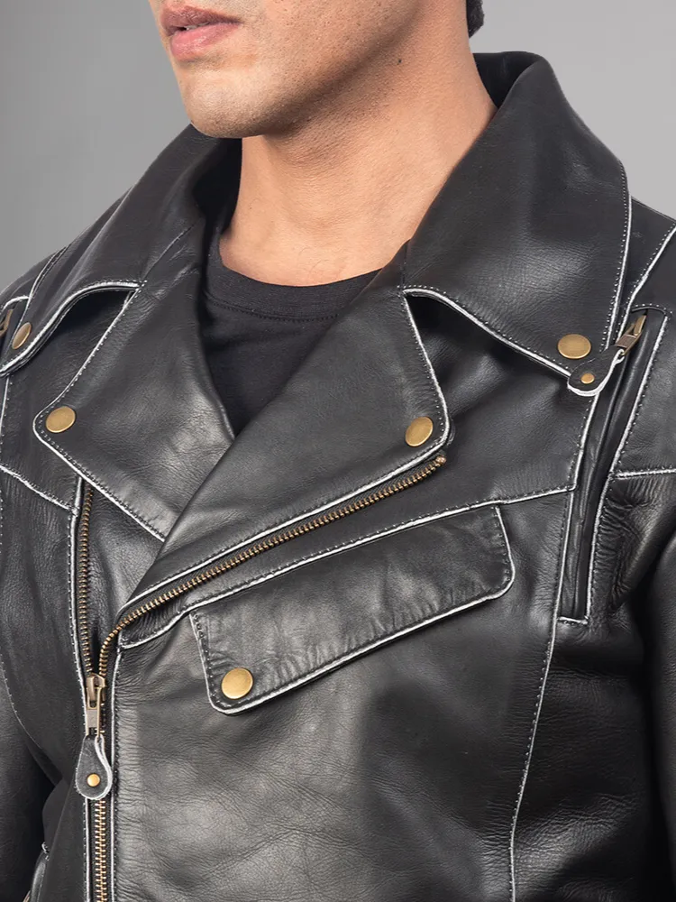 Waxed Natural Pebbled Cowhide Cafe Leather Jacket