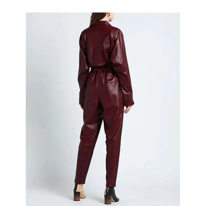 Women Leather Lapel Collar Jumpsuits