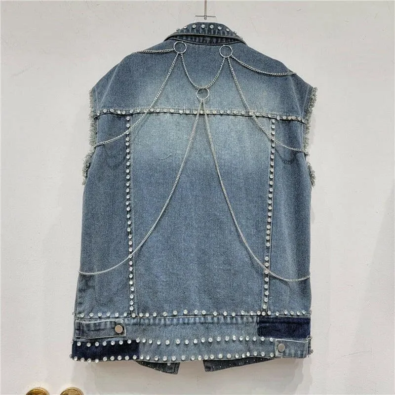 Womens Frayed Hem Denim Waistcoat with Studded Chain Design