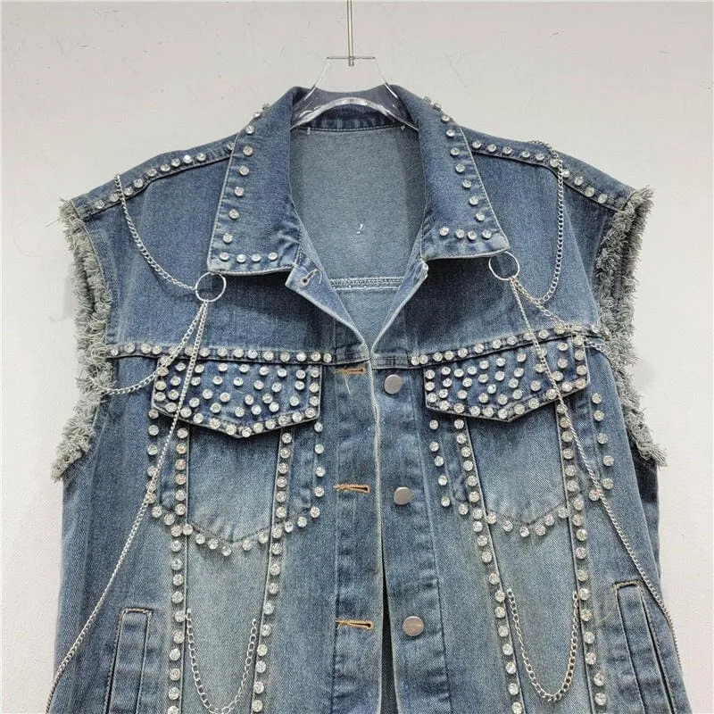 Womens Frayed Hem Denim Waistcoat with Studded Chain Design