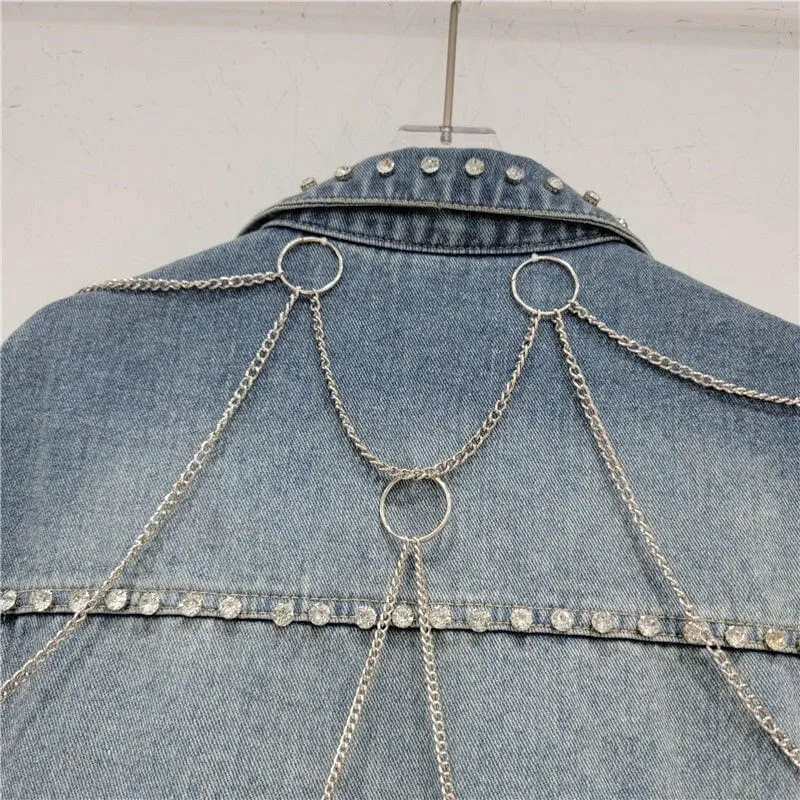 Womens Frayed Hem Denim Waistcoat with Studded Chain Design