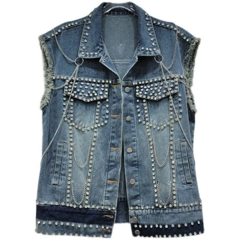 Womens Frayed Hem Denim Waistcoat with Studded Chain Design