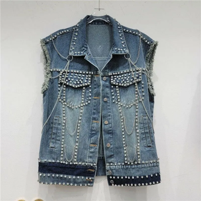 Womens Frayed Hem Denim Waistcoat with Studded Chain Design