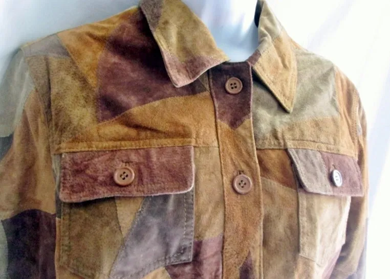 Womens NEWPORT NEWS PATCHWORK LEATHER suede jacket Moto Coat 10 BROWN TAN Riding