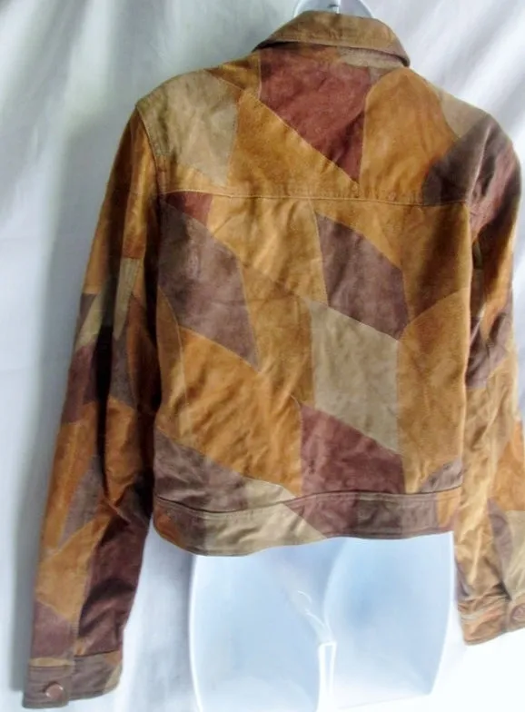 Womens NEWPORT NEWS PATCHWORK LEATHER suede jacket Moto Coat 10 BROWN TAN Riding