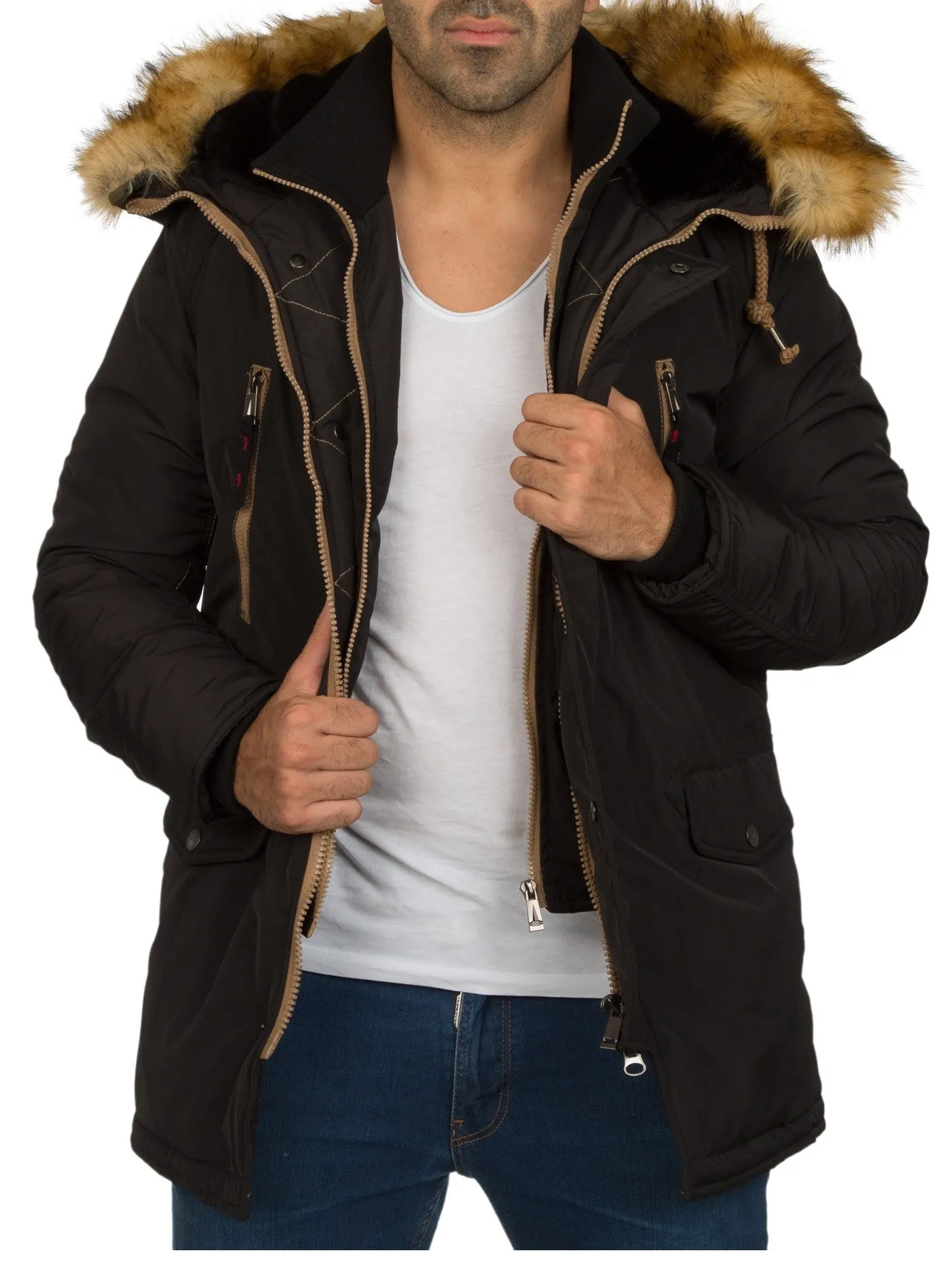 Y&R Men Stylish Parka Mid Length 2 Front Zip Layers Coat Hoodie Fur Jacket - Black