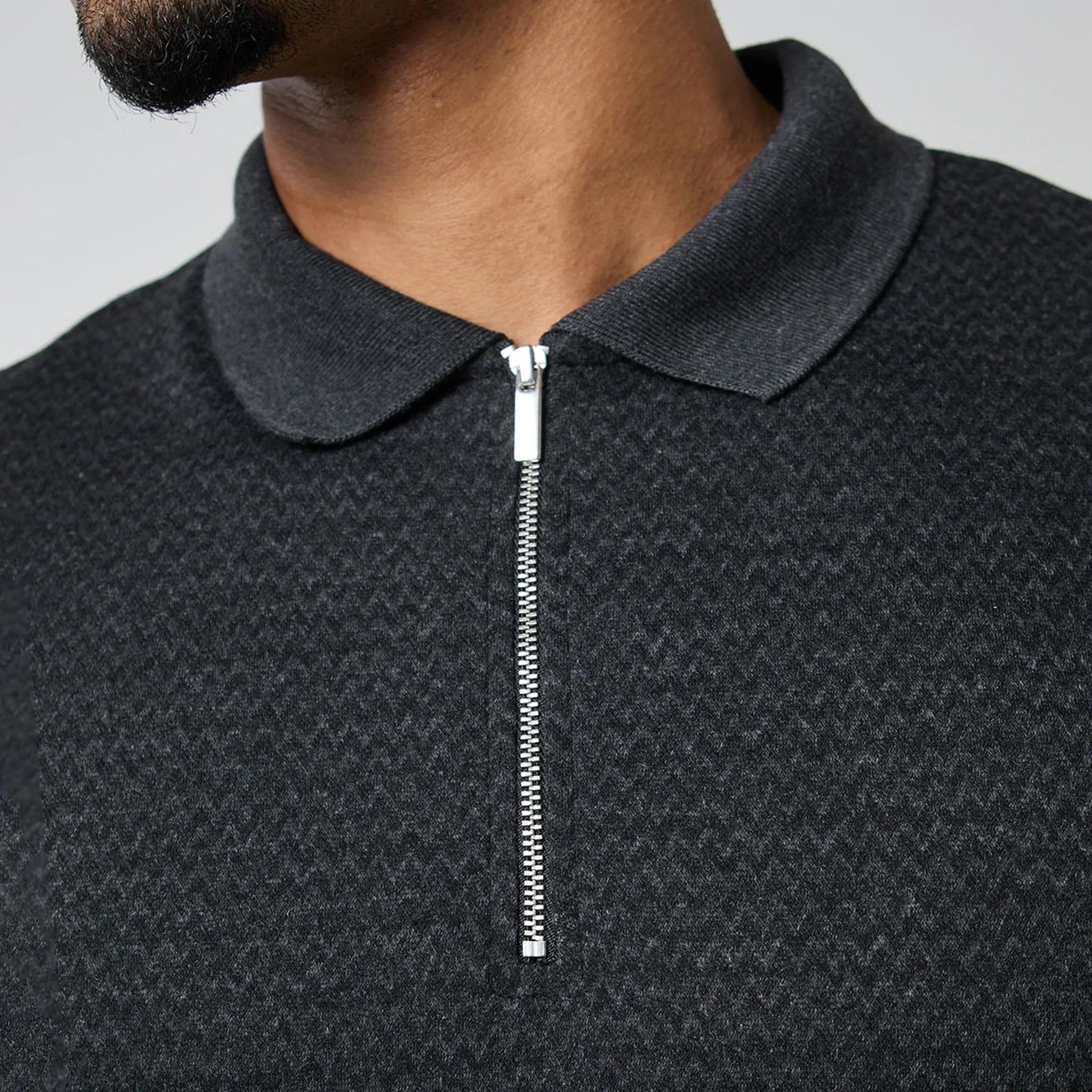 Zigzag Knit Zipped Polo | Black