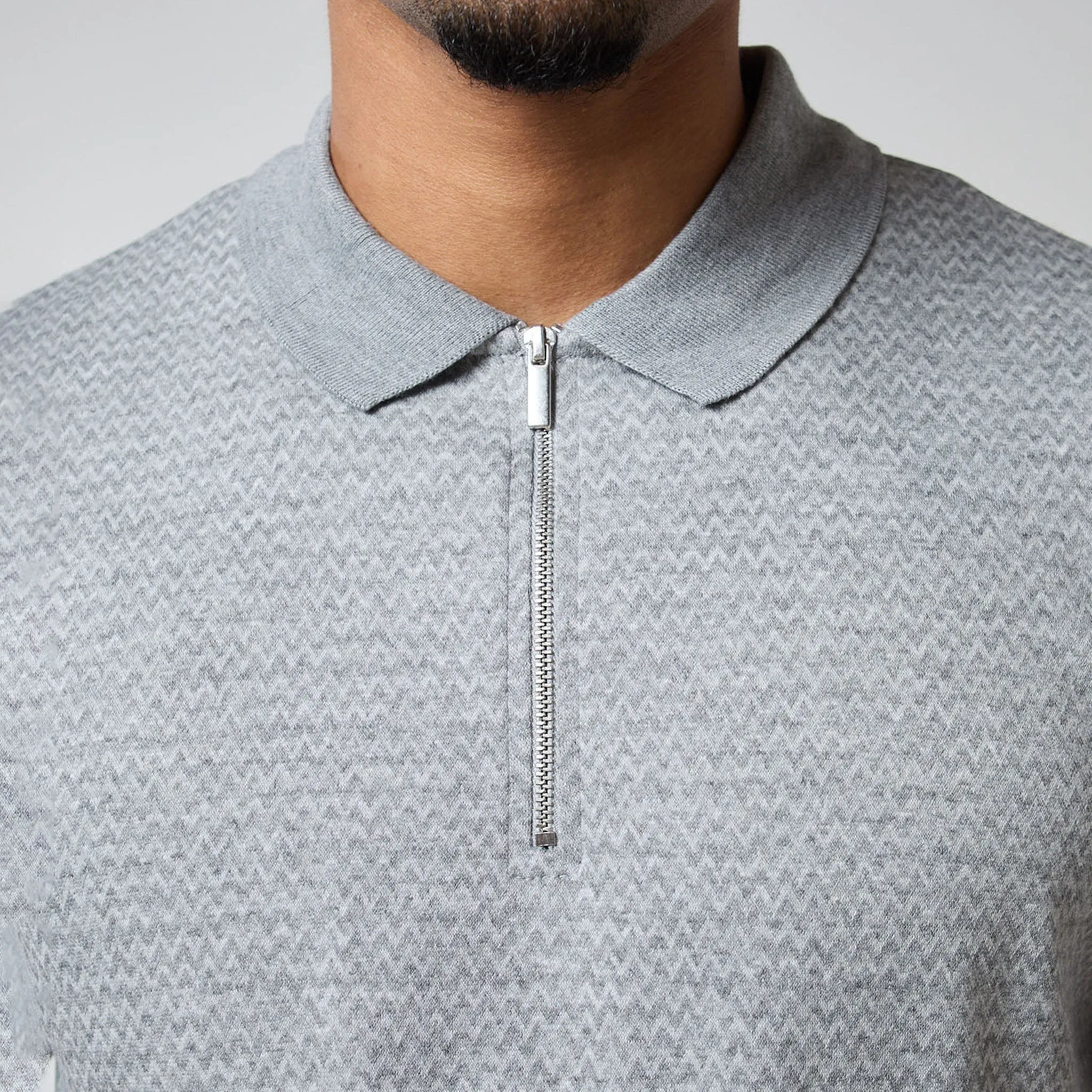 Zigzag Knit Zipped Polo | Grey