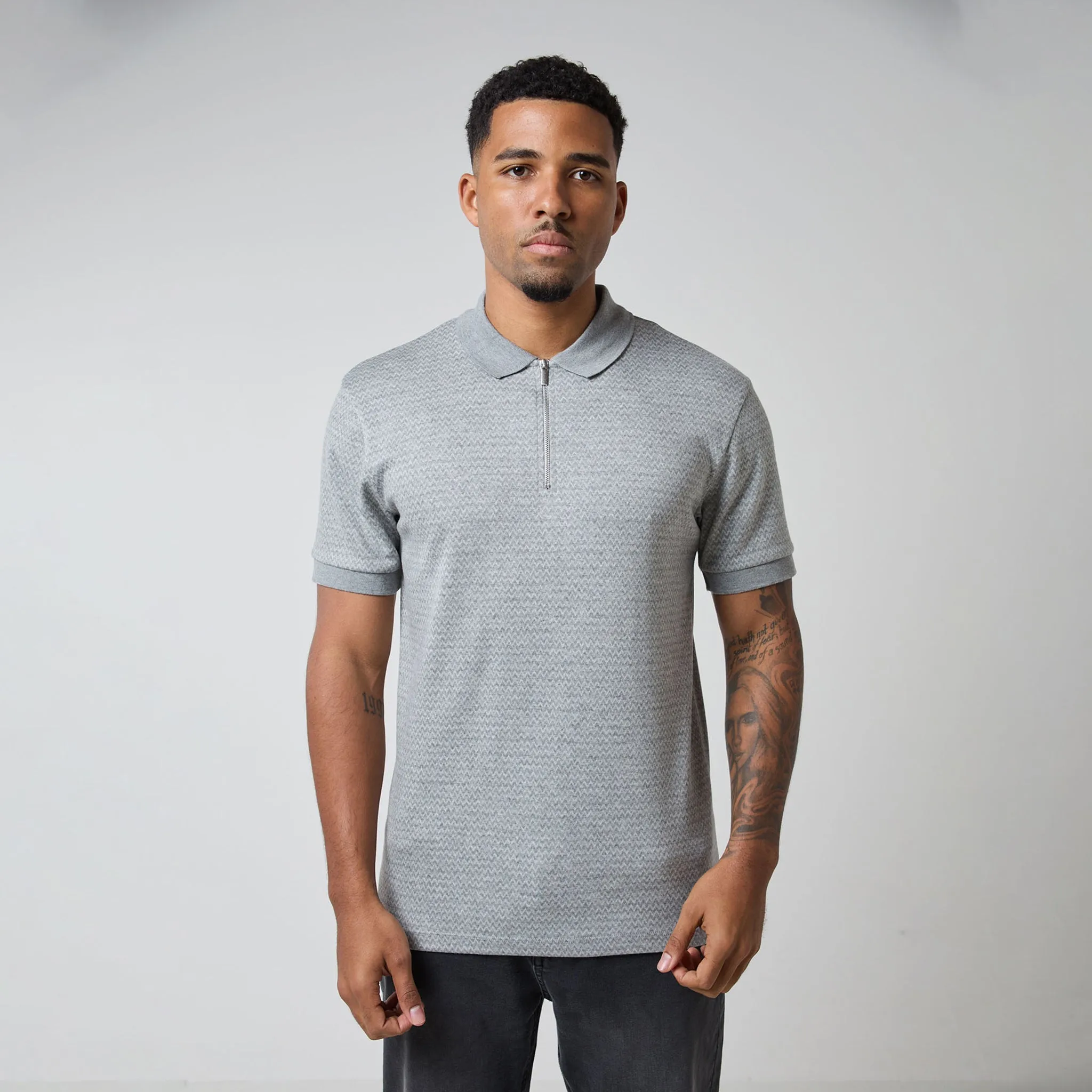 Zigzag Knit Zipped Polo | Grey