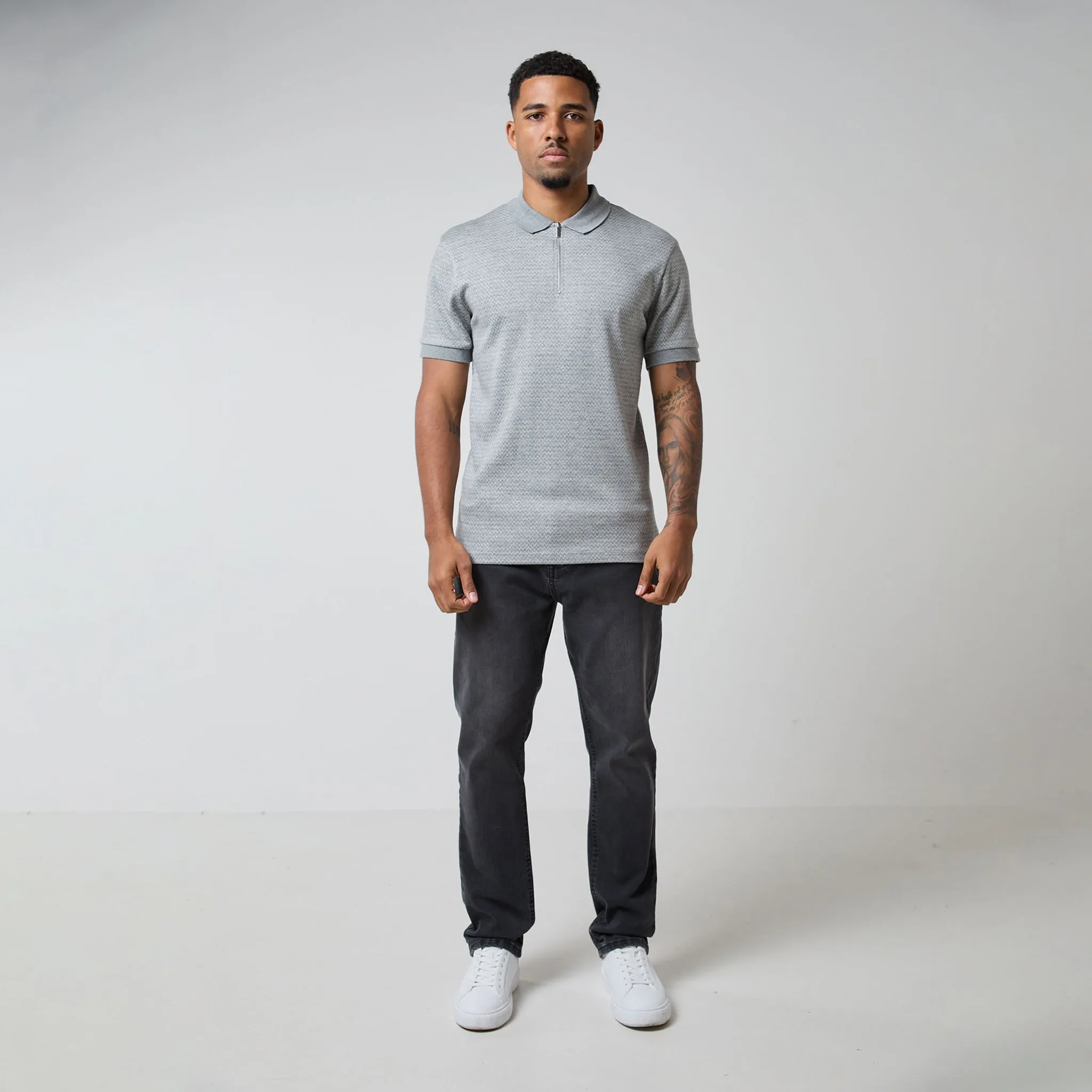 Zigzag Knit Zipped Polo | Grey