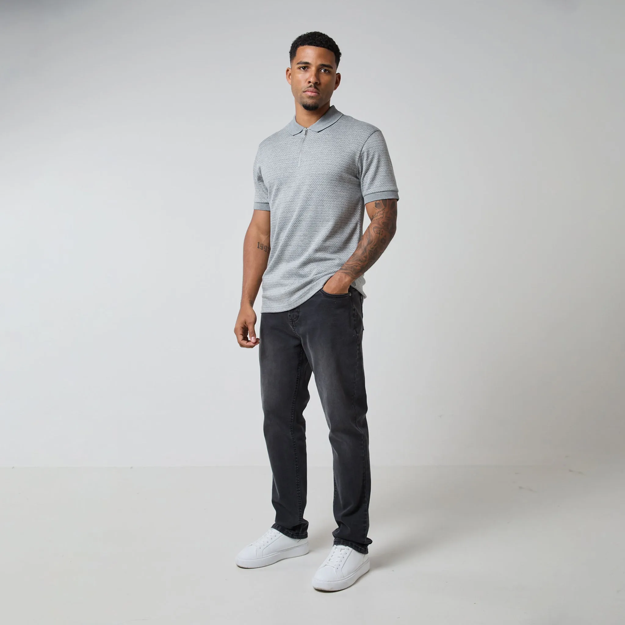 Zigzag Knit Zipped Polo | Grey