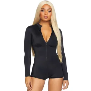 Zipper Front Long Sleeved Matte Romper - Large -  Black